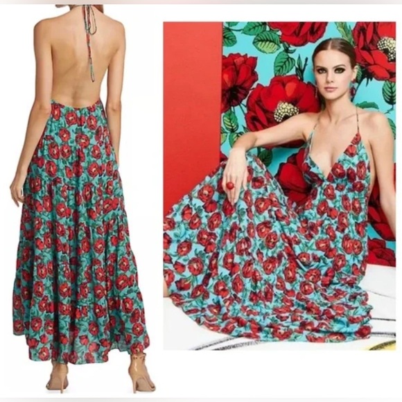 🪗Alice + Olivia Backless Mae halter tiered maxi Dress - Red and Blue size 8 GUC - Picture 1 of 11